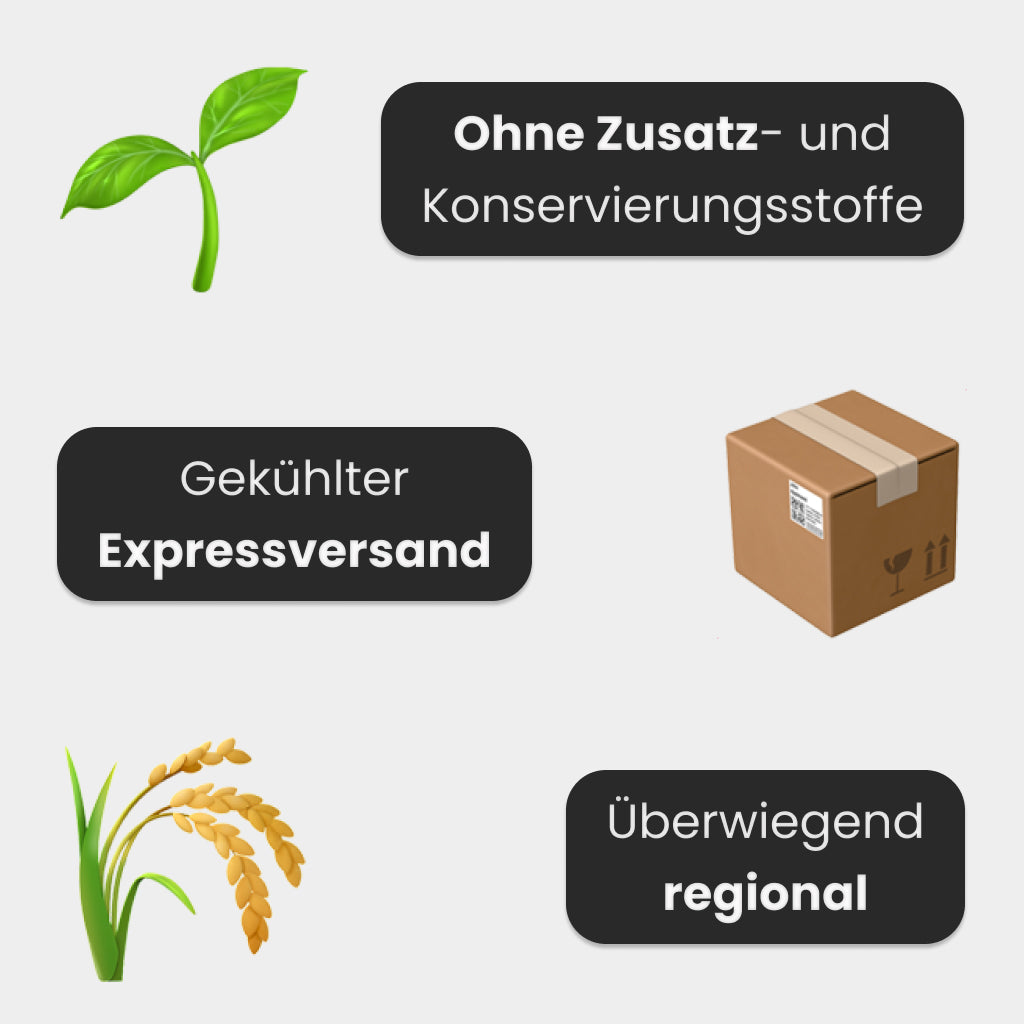 Ohne Zusatz- und Konservierungsstoffe, gekühlter Expressversand, überwiegend regional